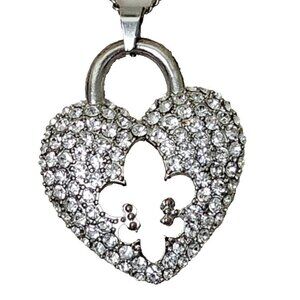 Heart Pendant with Clear Rhinestone, Symbol of Fleur-De-Lis, 24" Chain
